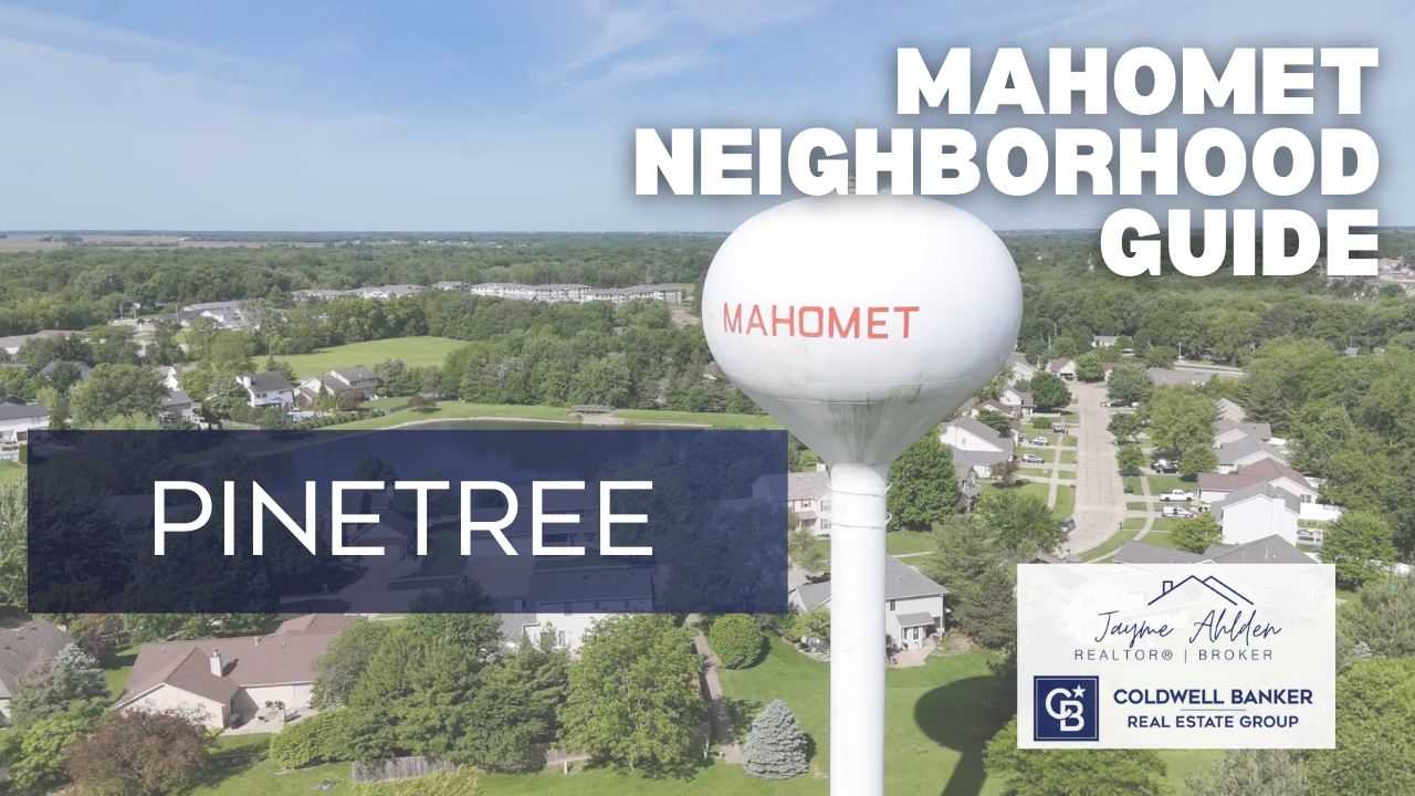 Mahomet Illinois water tower with Pinetree neighborhood guide text